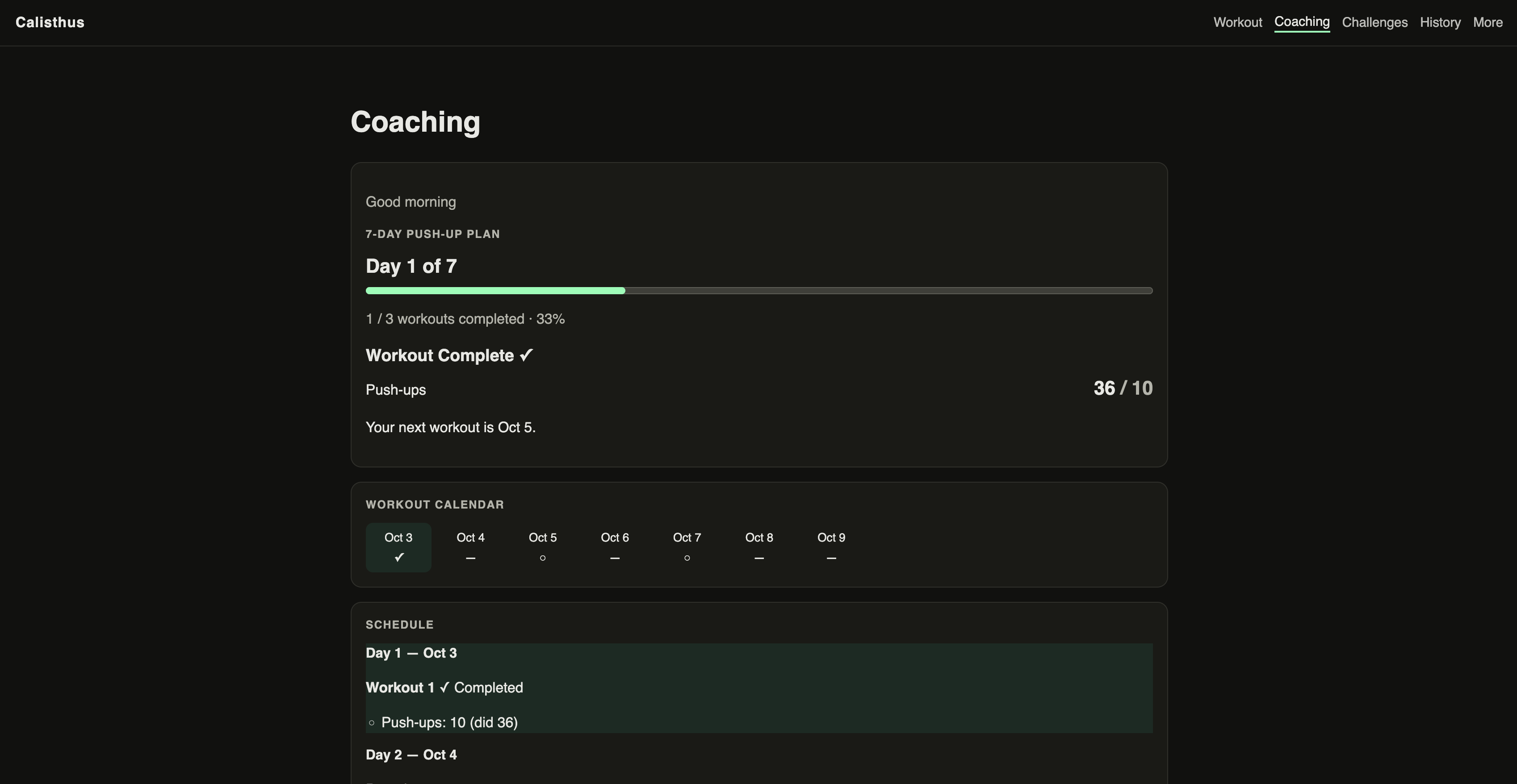 Calisthus Coaching with a 7-day push-up plan, day complete, and the week calendar